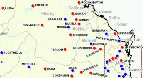 Location map - 2011 Bundaberg (Red dots - flood inundated towns. Blue dots - flood affected towns)